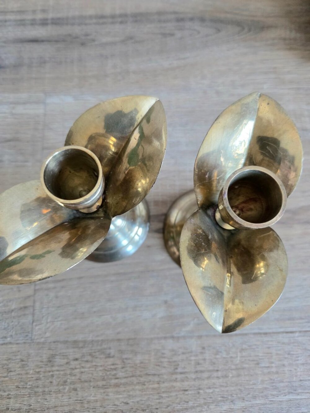 Pair of Solid Brass Vintage Handmade Candlesticks Candleholders Floral Shape - Picture 7 of 8